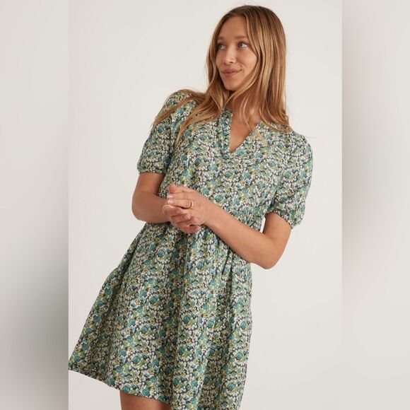 Marine Layer Jamie Short Sleeve Mini Dress Floral Blue Green Ditsy - Picture 3 of 9